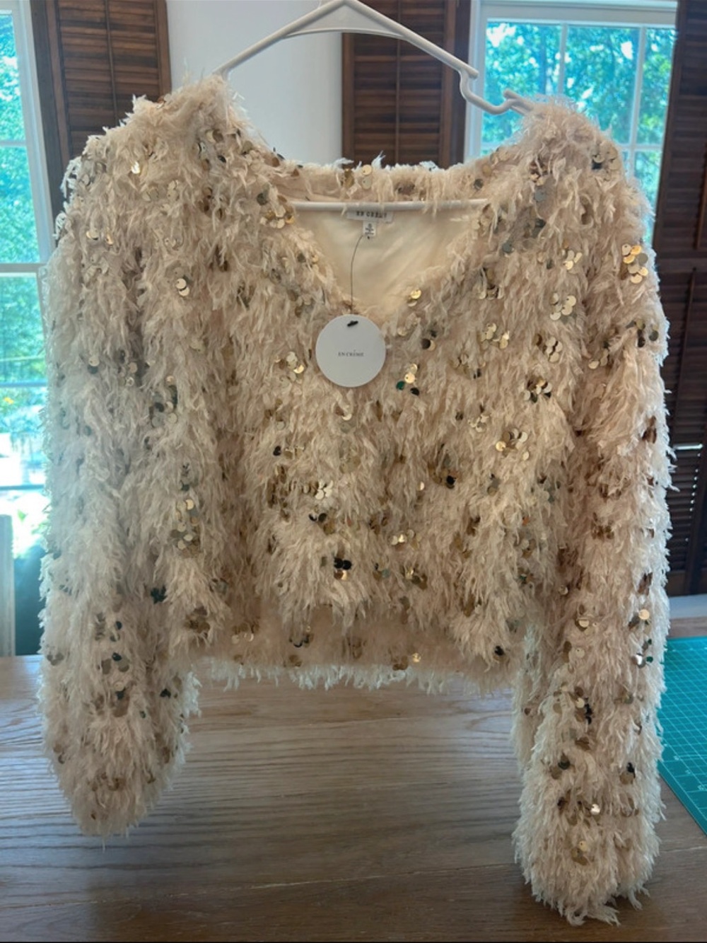 Shaggy Sequin Crop v neck sweater - Cream